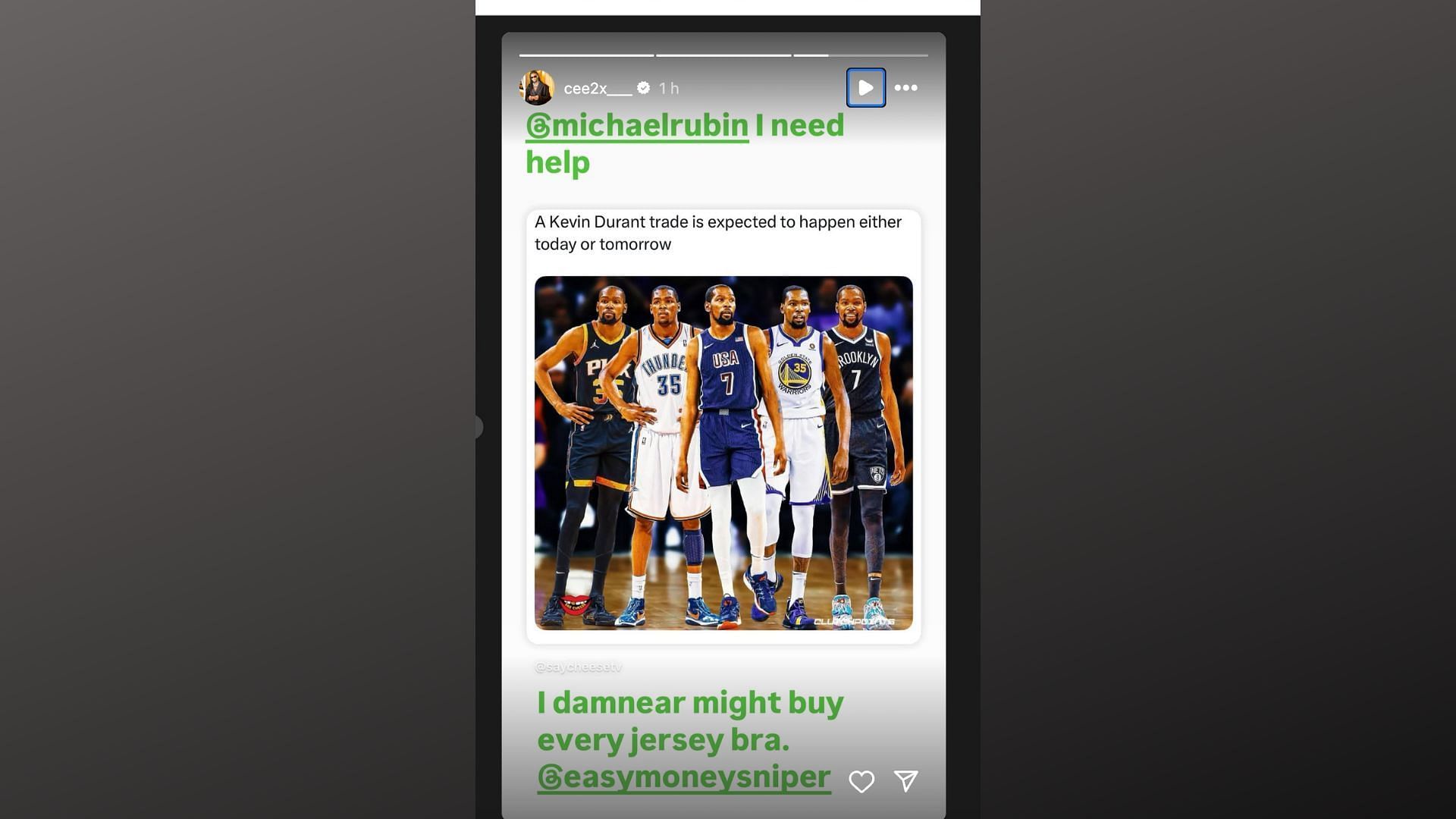 CeeDee Lamb's Kevin Durant ig story (image credit: instagram/cee2x__)